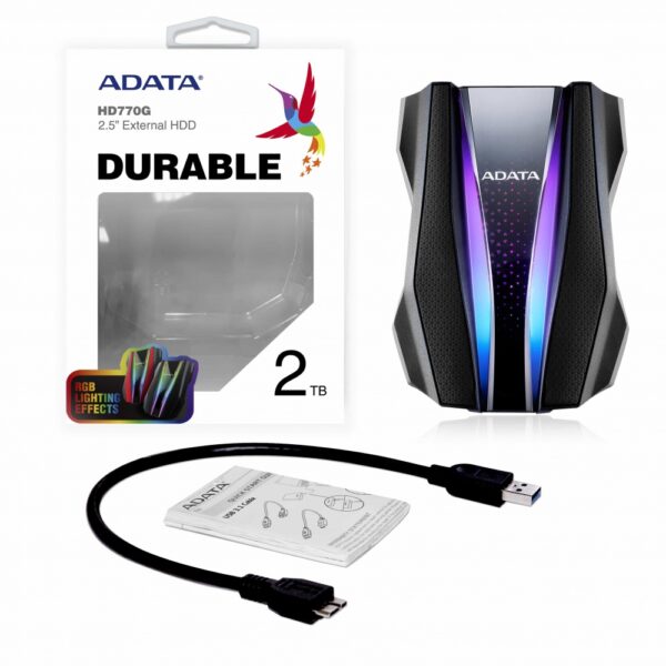 HD EXT 2 TB ADATA 2.5 USB 3.2 NEGRO RGB TEXTURA PLASTICO Y SILICONA ANTIGOLPES