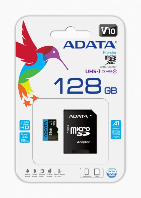 MEMORIA ADATA 128GB MICRO SD + SD CLASE 10 P/VIDEO HD AUSDX128GUICL10A1-RA1